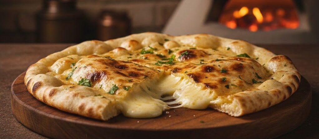 Cheese naan with melted filling, freshly baked in a traditional Indian tandoor.